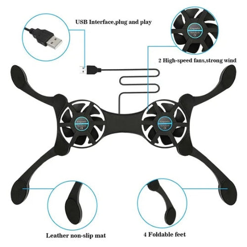Dual USB Cooling Fan Pad Foldable Slim Fans Cooler Stand For Laptop PC