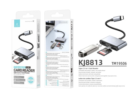 Techancy Leitor de Cartoes KJ8813 USB-C 3 em 1 TF SD USB OTG Plug and