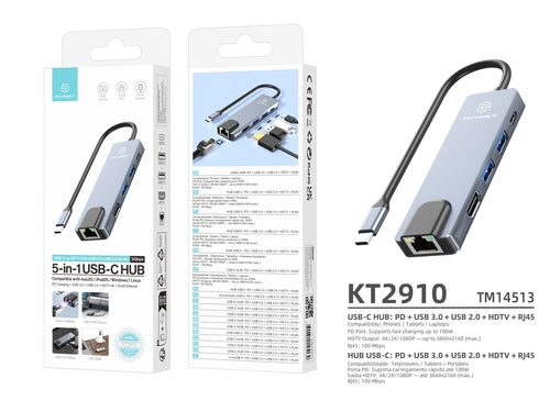 Techancy Hub USB-C 5 em 1 KT2910 com HDTV, PD, USB 3.0/2.0 e RJ45,