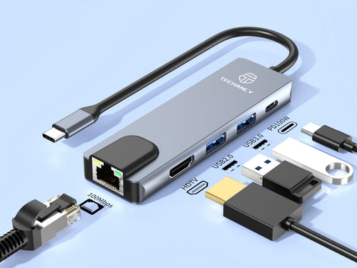 Techancy Hub USB-C 5 em 1 KT2910 com HDTV, PD, USB 3.0/2.0 e RJ45,