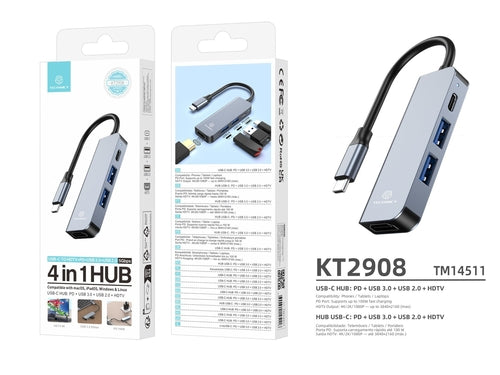 Techancy Hub USB-C 4 em 1 KT2908 com HDTV, PD, USB 3.0 e USB 2.0,