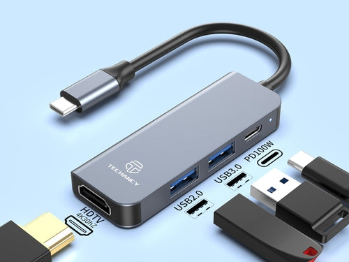 Techancy Hub USB-C 4 em 1 KT2908 com HDTV, PD, USB 3.0 e USB 2.0,