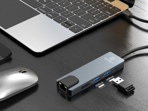 Techancy Hub USB-C 5 em 1 KT2910 com HDTV, PD, USB 3.0/2.0 e RJ45,